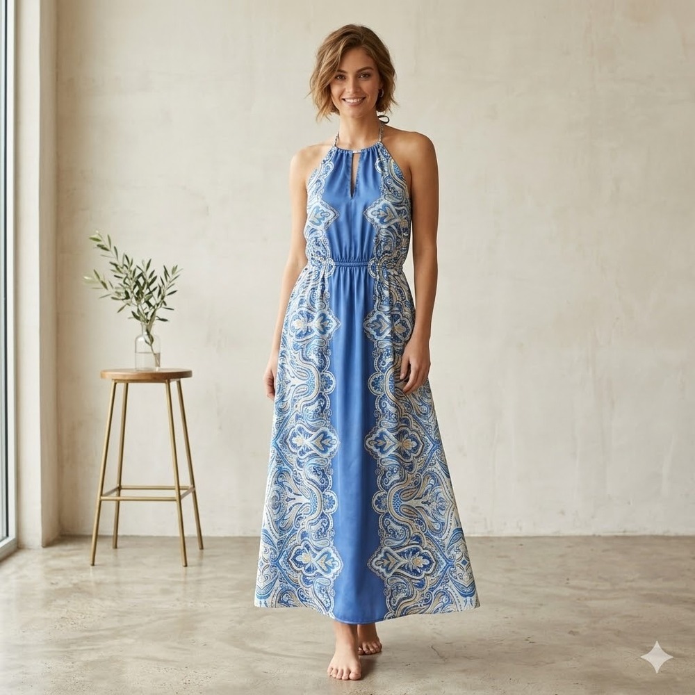 Lane Bryant Maxi Dress 14 Blue Vacation‎ Paisley Halter Pocket Boho Satin Summer
